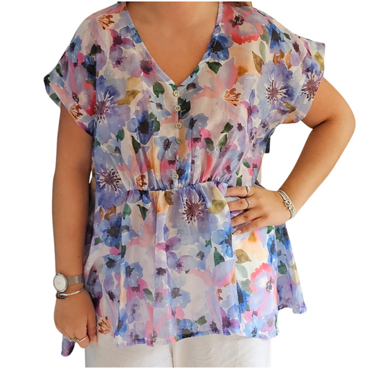 Lightweight floral print dip side top